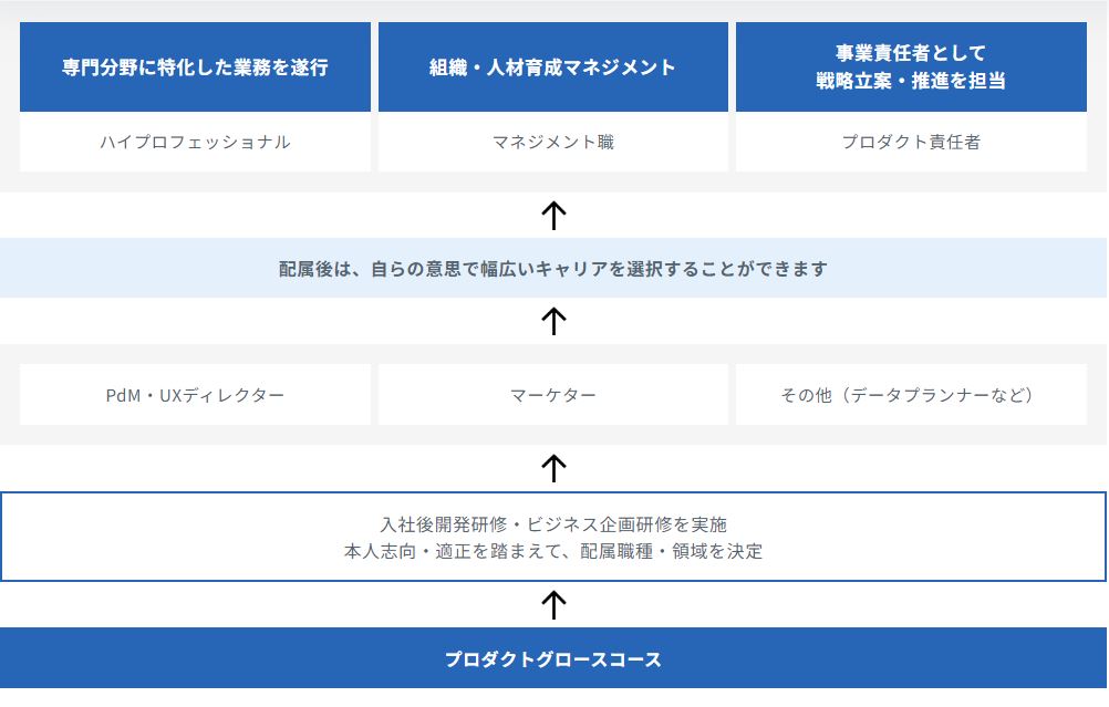 リクルートに「プロダクトグロースコース」で新卒入社した場合のキャリアパス。入社後の研修や本人思考・適性を踏まえ、ITプロダクトの企画に関わるいずれかの職種に初期配属される