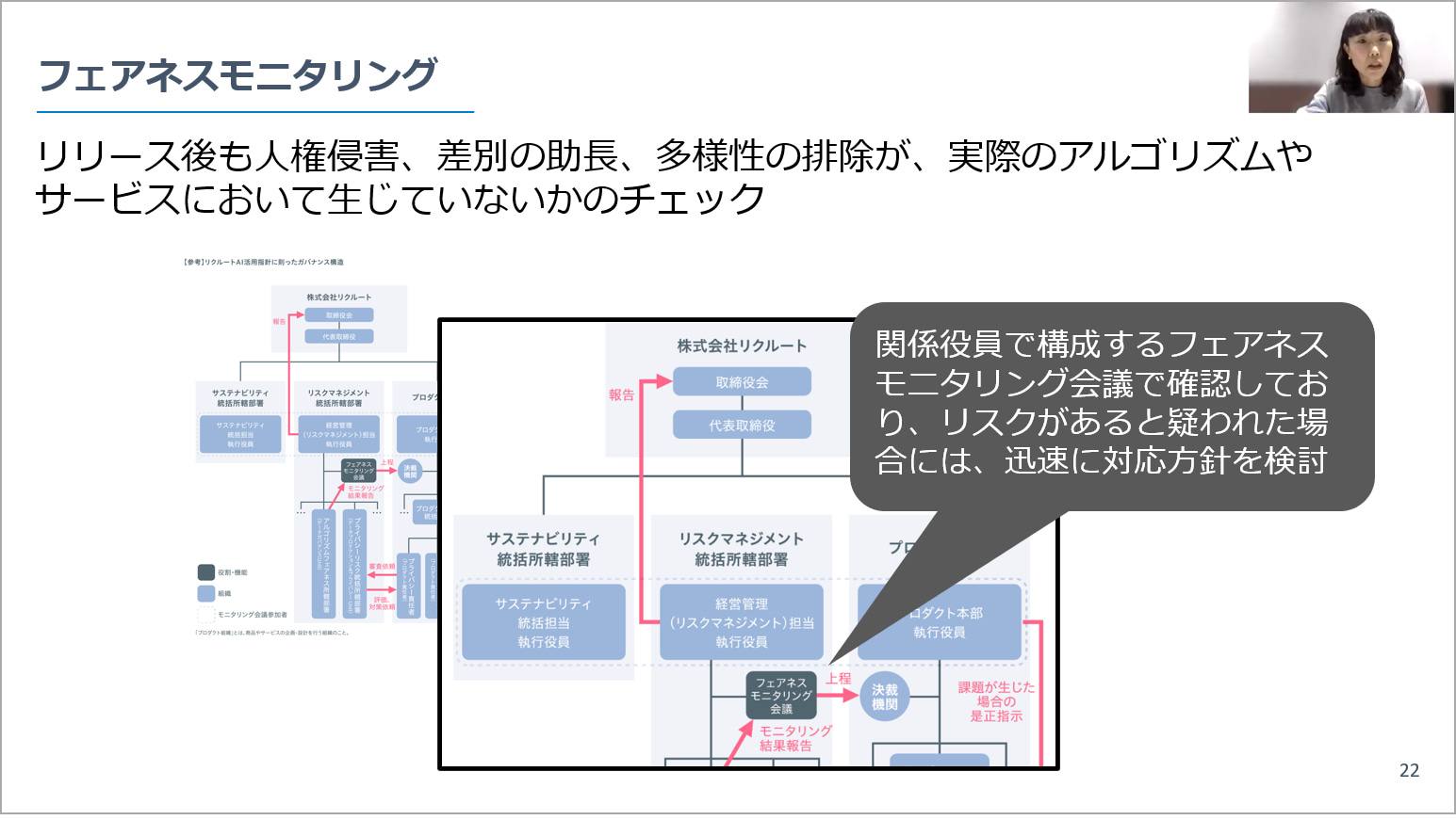 リクルート 渡部純子のプレゼンテーション「フェアネスモニタリング」の説明資料