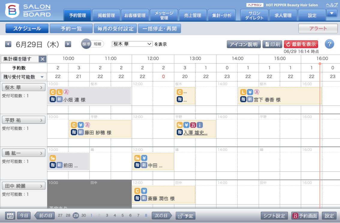 サロン向け予約管理システム「SALON BOARD」の画面例