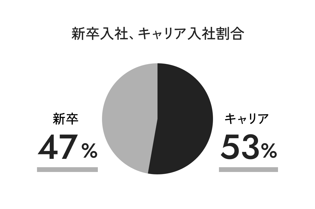 新卒入社、キャリア入社割合：新卒47％、キャリア53%