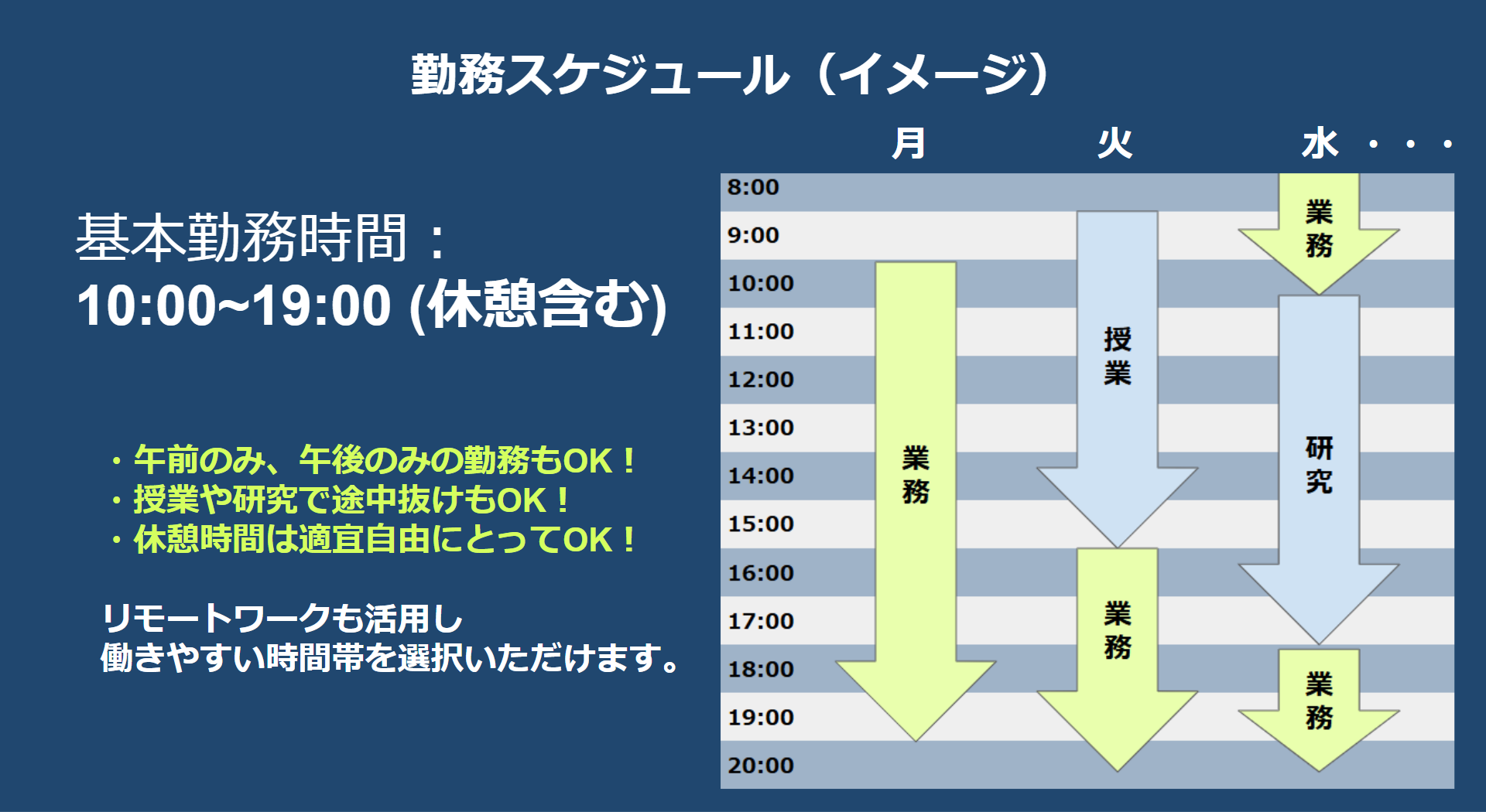 勤務スケジュール（イメージ）：基本業務時間10:00~19:00(休憩含む)。午前のみ、午後のみの勤務もOK！授業や研究での途中抜けもOK！休憩時間は適宜自由にとってOK！リモートワークも活用し働きやすい時間帯を選択いただきます。（例）月曜日10:00~19:00業務。火曜日9:00~15:00授業、15:30~20:00業務。水曜日、8:00~11:00業務、11:00~18:00授業、18:00~20:00で業務。